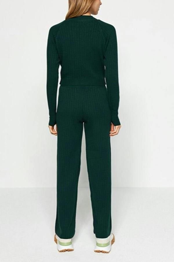 WOVCOR 2-Piece Crop Knit Top & Pants Set with Finger Detail