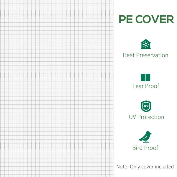White PE greenhouse cover with icons for heat retention, tear resistance, and UV protection