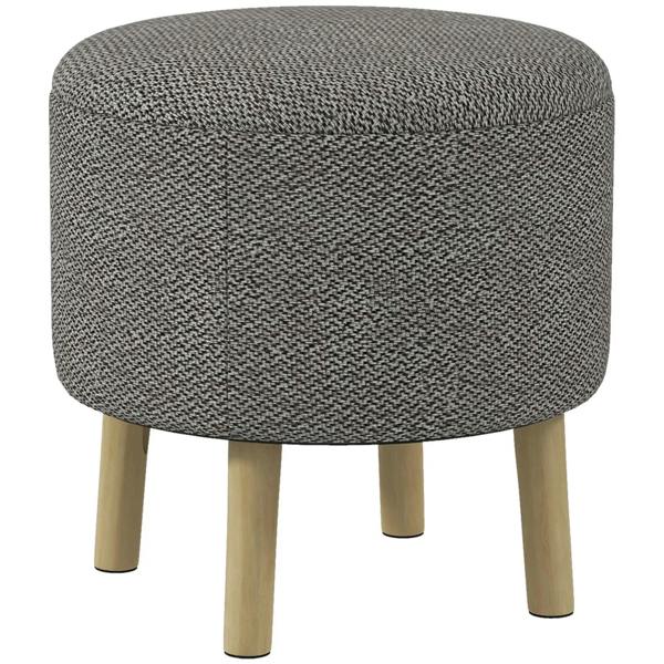Light grey round storage ottoman with domed seat and light wood legs