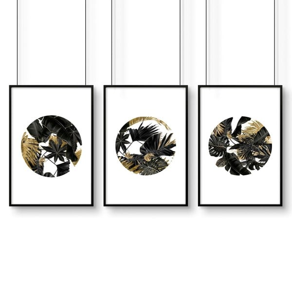 Wall art with gold for living room | set of 3 Tropical wall art prints