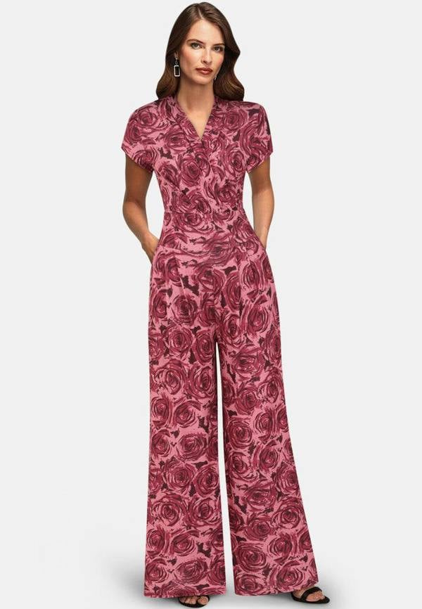 HotSquash V Neck Wide Leg Jumpsuit with Cap Sleeves