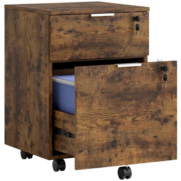 Lockable two-drawer filing cabinet in rustic brown with black handles, on rolling casters