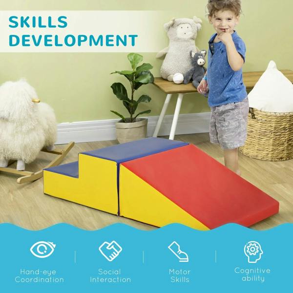Kids foam playset with red slide ramp, blue steps, and yellow base blocks