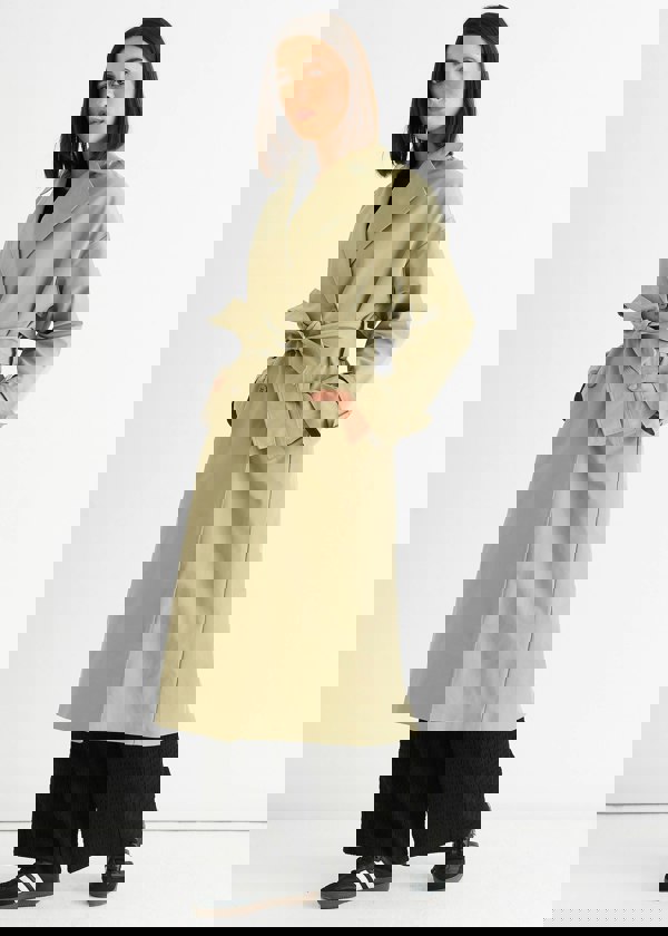 Gini London Sage Green Double Breast Longline Belted Trench Coat