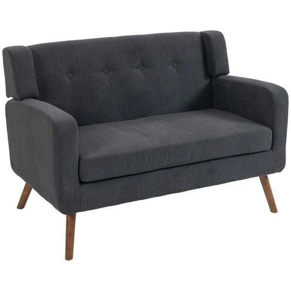 2 Seater Sofa, 118 cm Corduroy Small Loveseat with Spring Cushion, Wood Legs for Small Space, Living Room, Dark Grey