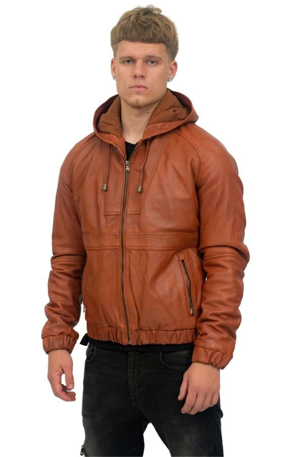 Infinity Leather Men’s Casual Leather Hooded Bomber Jacket-Odesa