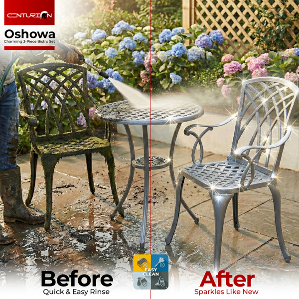 Centurion Supports OSHOWA Luxurious Garden and Patio Table and 2 Large Chairs with Armrests Cast Aluminium Bistro Set Grey