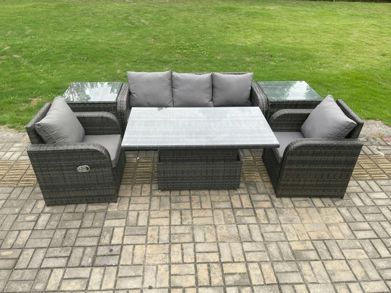 Fimous Outdoor Rattan Furniture Garden Dining Sets Height Adjustable Rising lifting Table Sofa Set With Chairs Side Tables