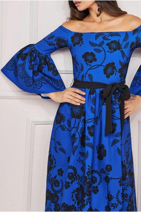 Goddiva Printed Off The Shoulder Midi Dress - Royalblue by Goddiva