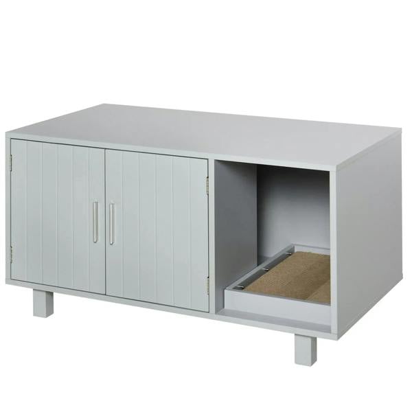 Grey wooden cat litter box enclosure with open side compartment and cabinet doors