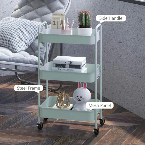 Light blue three-tier steel storage trolley with side handle and mesh-style shelf panels