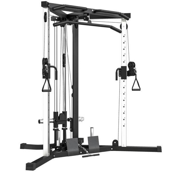 Multifunctional home gym cable machine with high-low pulleys and pull-up bar, black and white