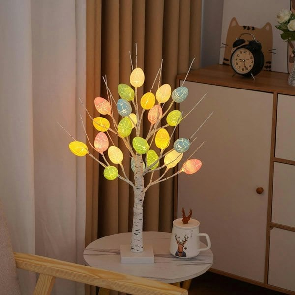 24 LED Easter Tree with Colourful Egg Decorations – Birch Twig Tree, Battery or USB Powered, Easter Table Decor Gift