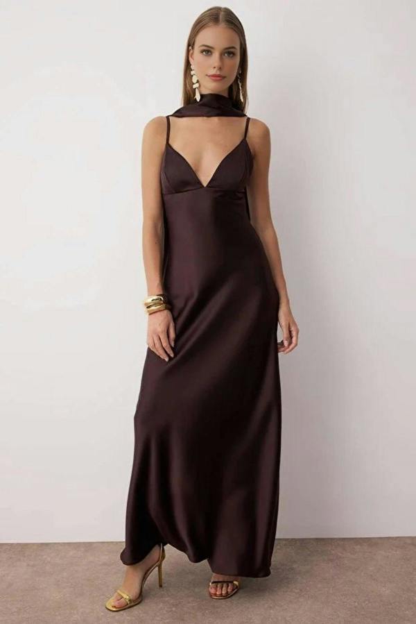 Hoxton Gal Maxi Satin Evening Dress with Shawl Detail