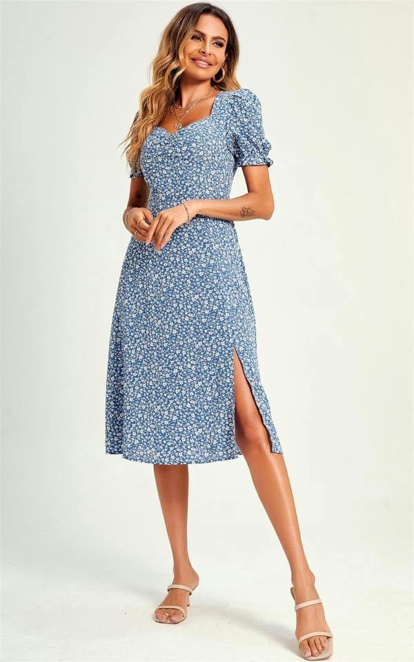 FS Collection Little Flora Print Tie Front Slip Leg Dress In Blue