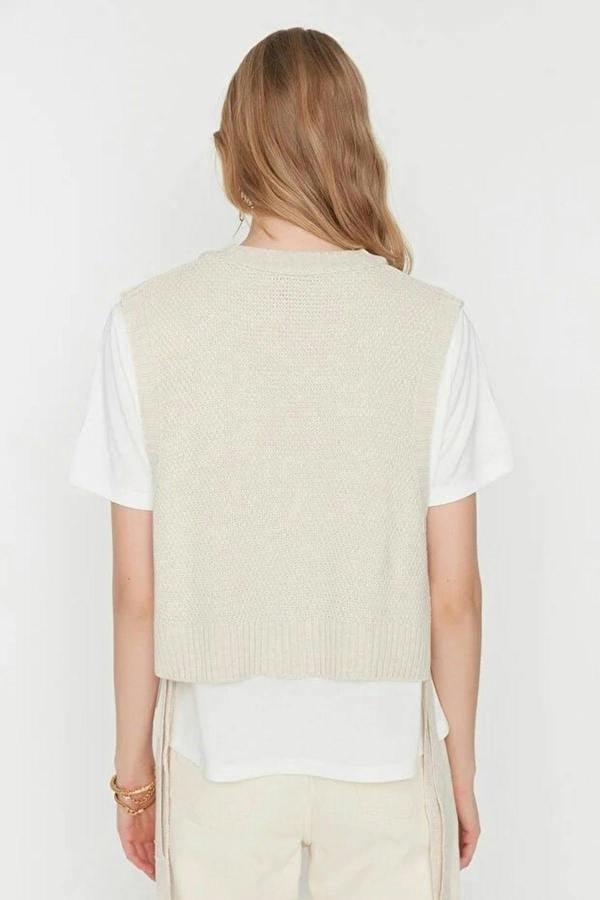 WOVCOR Crop Knit Sweater with Side Ribbon Tie Detail