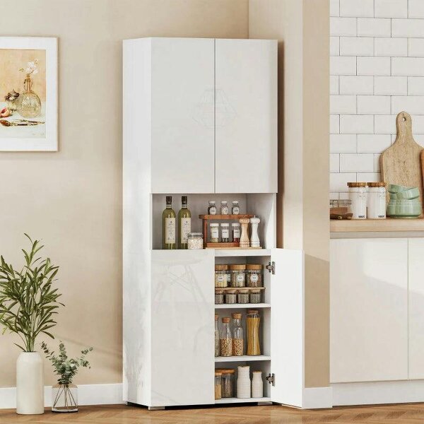 180 cm Tall Kitchen Cupboard, Pantry Storage Cabinet with Soft Close Doors and Adjustable Shelves, High Gloss White - High gloss