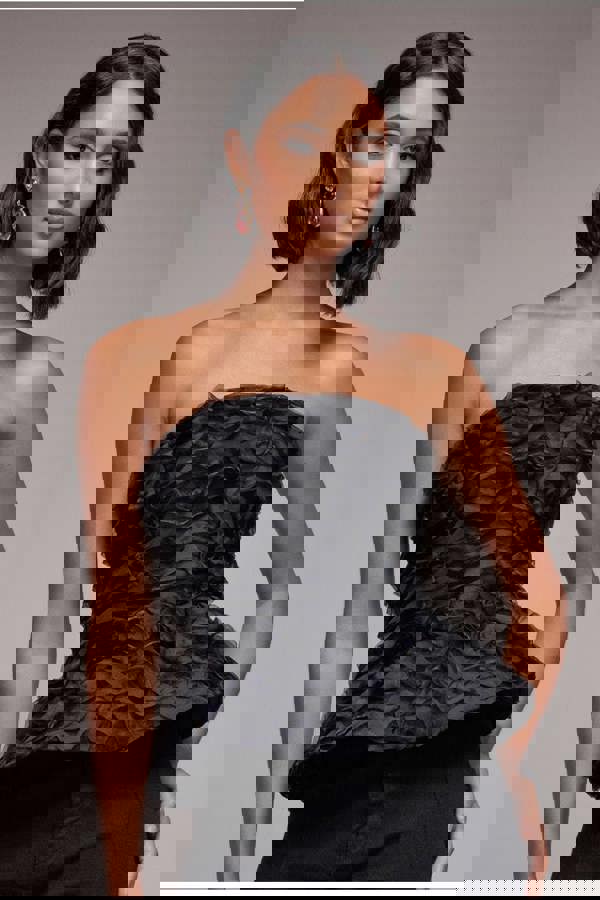 Peplum 3D Textured Boob Tube Lace Up Corset - Black T262