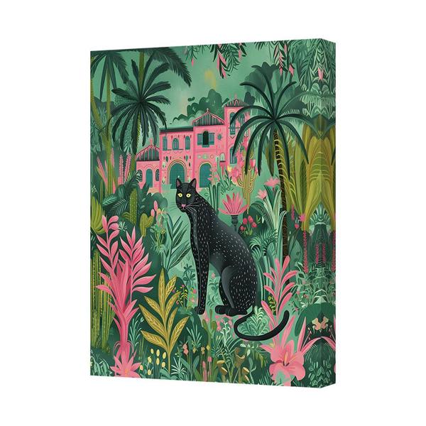 Benjamin Tate Design Vibrant Jungle Canvas Print With Pink Villa And Black Panther