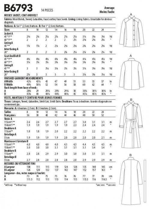Butterick Sewing Pattern 6793, Jackets, Coats, Belts for Women, B5 (8-10-12-14-16) - Intermediate