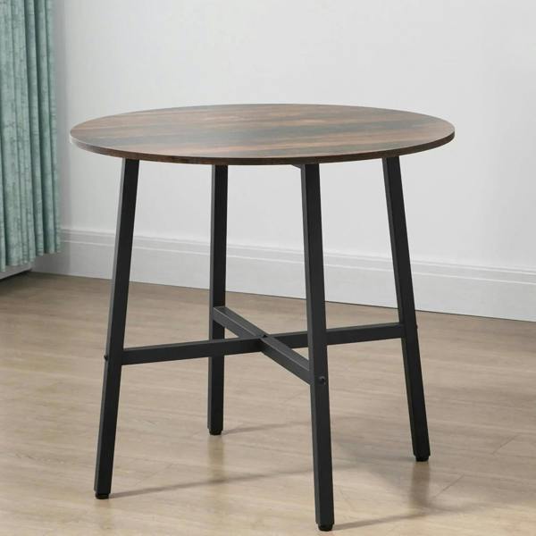 Round rustic brown dining table with black steel legs and cross brace