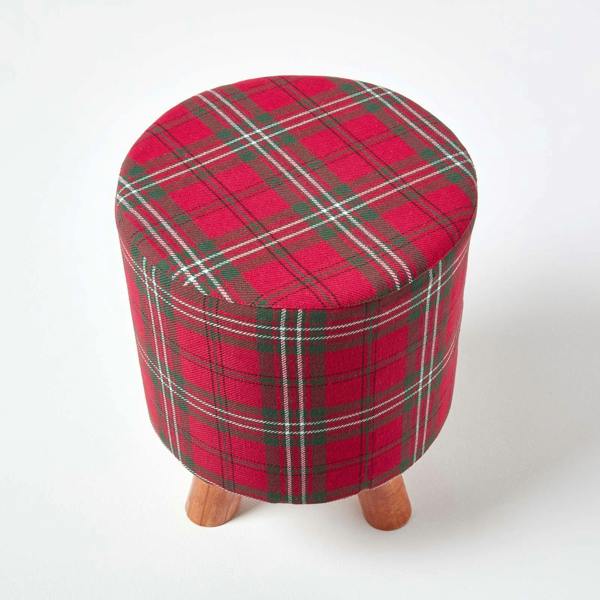 HOMESCAPES Red Tartan Fabric Footstool with Wooden Legs