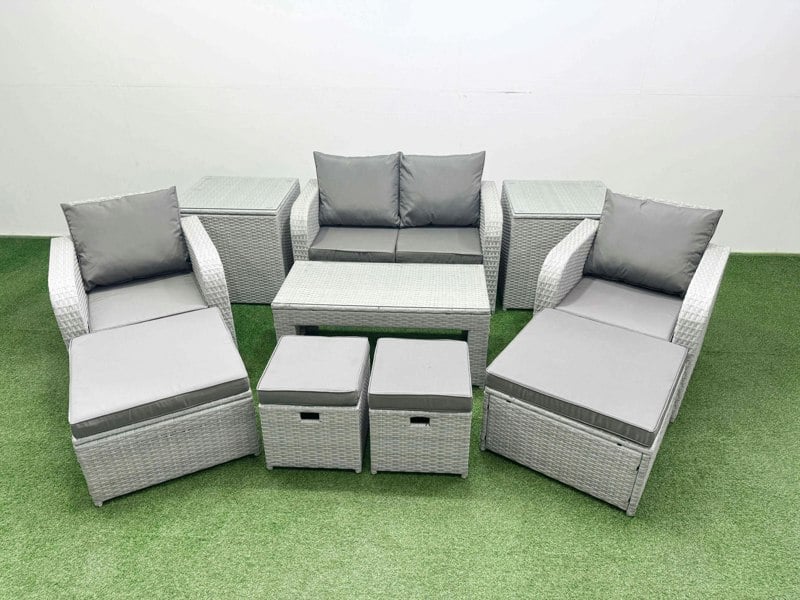 Fimous PE Wicker Rattan Furniture Sofa Sets with Oblong Coffee Table Love Sofa Reclining Chair 2 Side Table 4 Stools Light Grey Mixed