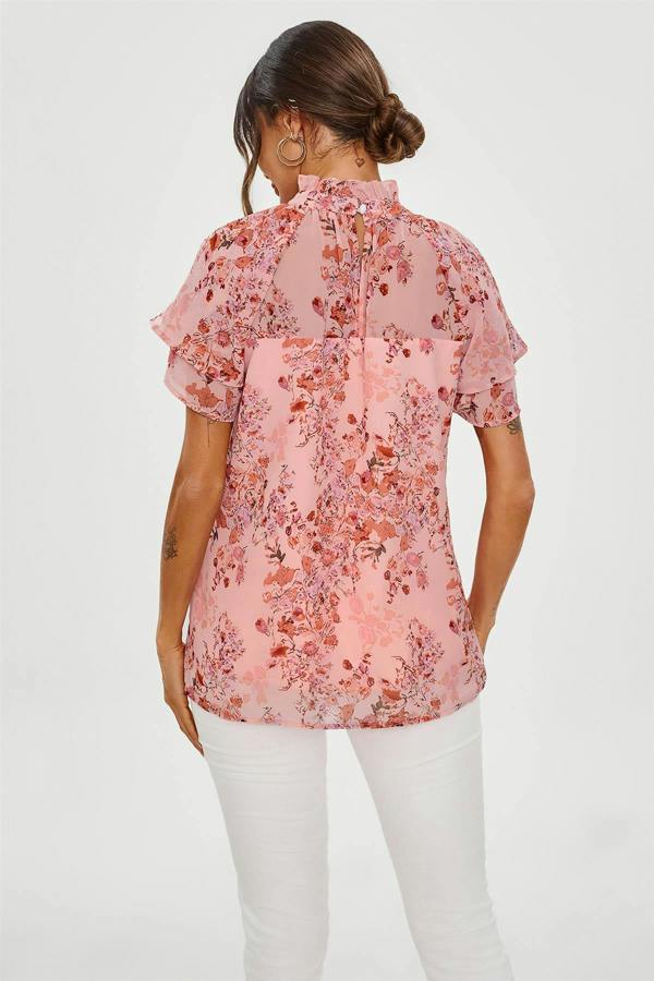 FS Collection Floral Print Frill Hem Sleeve High Neck Blouse Top In Pink