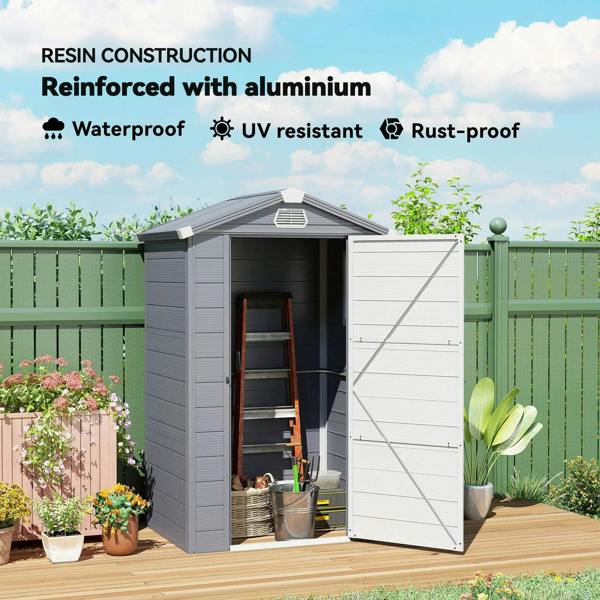 Grey resin wall shed with open door, window, and storage shelves