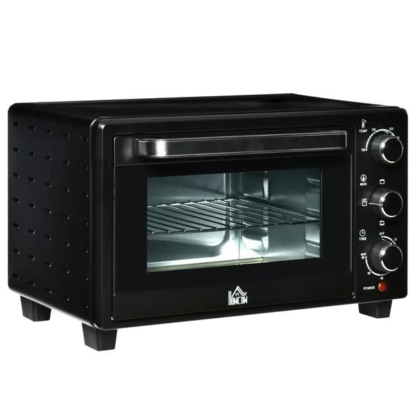 Black countertop mini oven with glass door, three control knobs, and power indicator