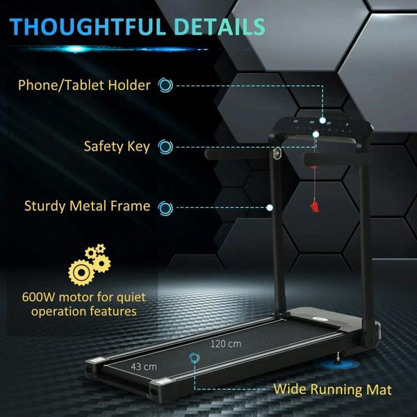 Black folding treadmill with phone/tablet holder, safety key, and sturdy metal frame