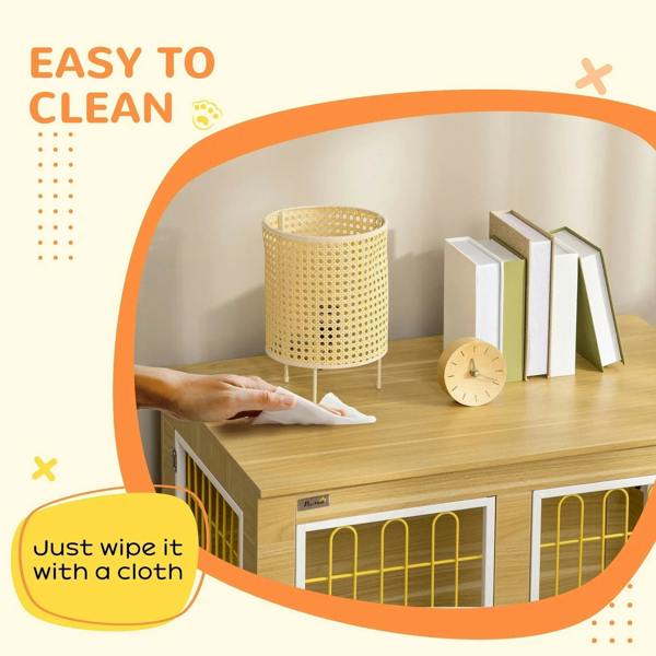 Oak-tone dog crate end table with wire doors and wipe-clean tabletop surface.