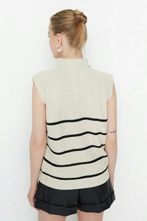 WOVCOR Zippered Striped Polo Neck Knit Sweater
