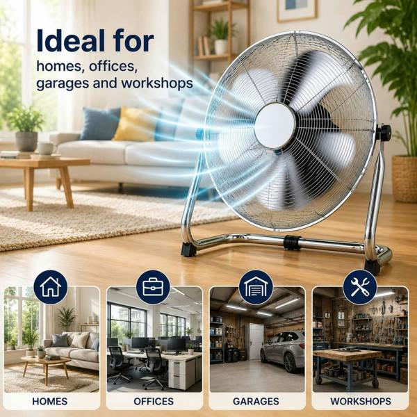 Dyzi 16 Inch 45W Metal Floor Fan High Velocity Adjustable Tilt Silver