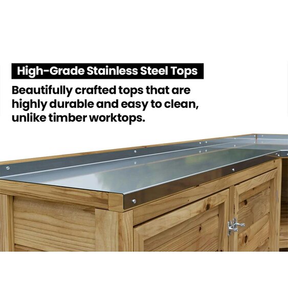 Dunster House Wooden Garden Kitchen Unit L-Configuration With Stainless Steel Countertop, W2m x D1.5m / W7' x D5