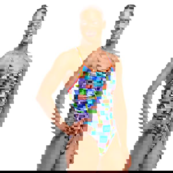 Funkita Chip Set Diamond Back Swimsuit in blue multi with geometric patterns