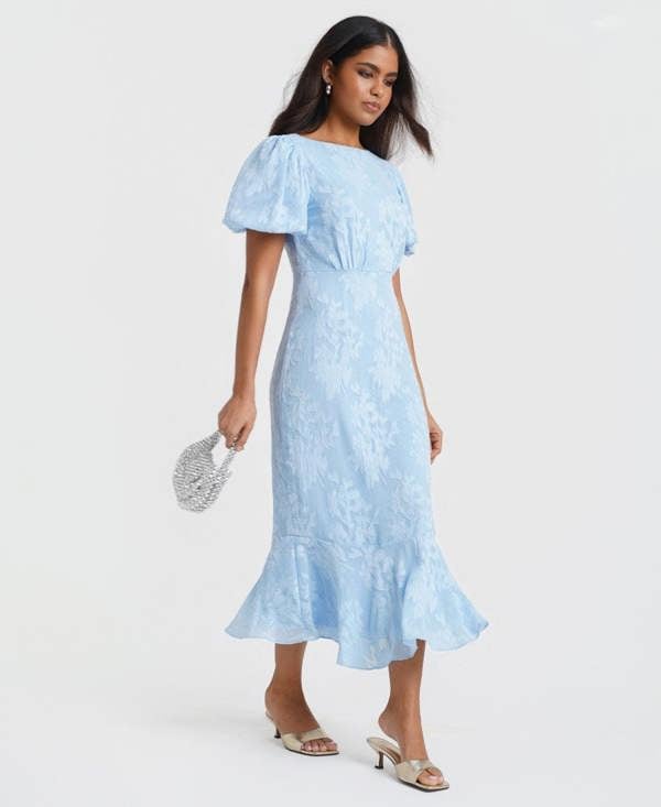 Needs No Label Blue Jacquard Shimmer Puff Sleeve Midi Dress