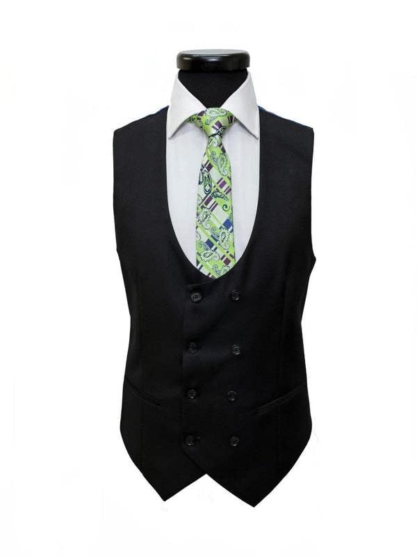 Black PAMONI three-piece suit with two-button jacket and matching trousers, displayed on a hanger.