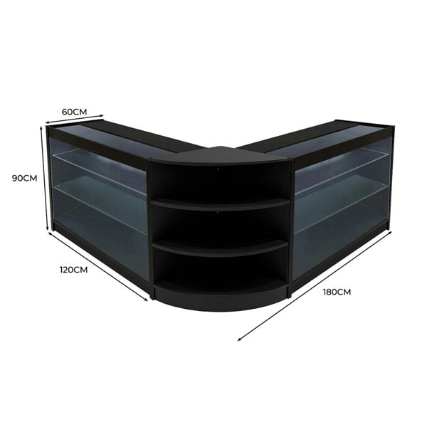 Black Apollo LED shop counter set featuring a sleek design with glass shelves, measuring 180cm wide, 90cm high, and 60cm deep