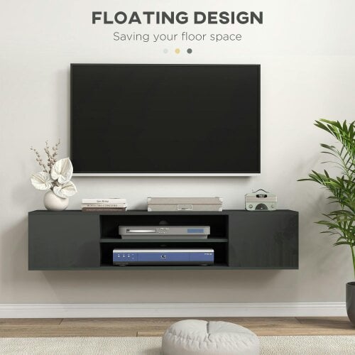 Wyld Haus Minoco Wooden Grey Floating TV Stand With Shelf and Doors For Screens Up To 60 Inches