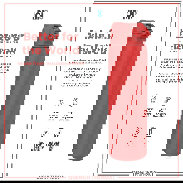 A red insulated steel water bottle sits against a white background. The bottle is described as carbon neutral, fully recyclable, odour resistant, and dishwasher safe.