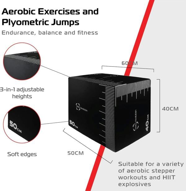 Medium Body Revolution Plyo Box with adjustable heights, featuring soft edges, black color, and measurement markings for workouts