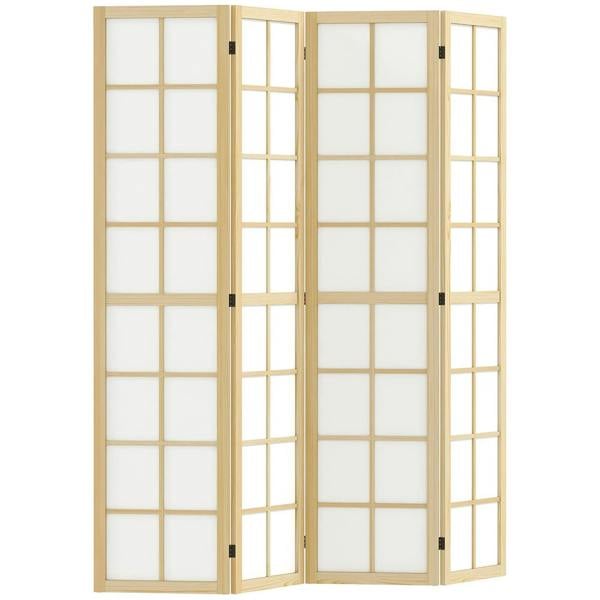Natural wood folding room divider with four hinged panels and white grid inserts
