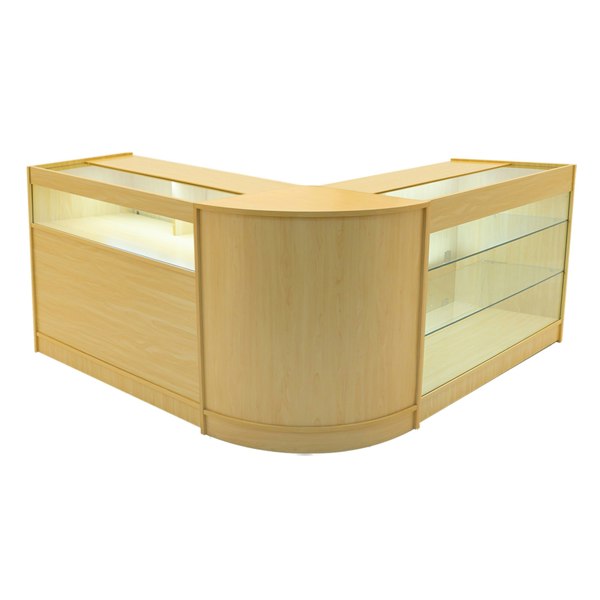 Triton LED Shop Counter Set in maple finish, featuring curved edges, glass display shelves, and integrated LED lighting for visibility