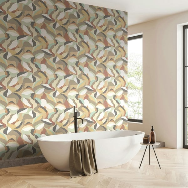 Hoopla Walls Leafy Patchwork - Caramel & Mint 10m Wallpaper