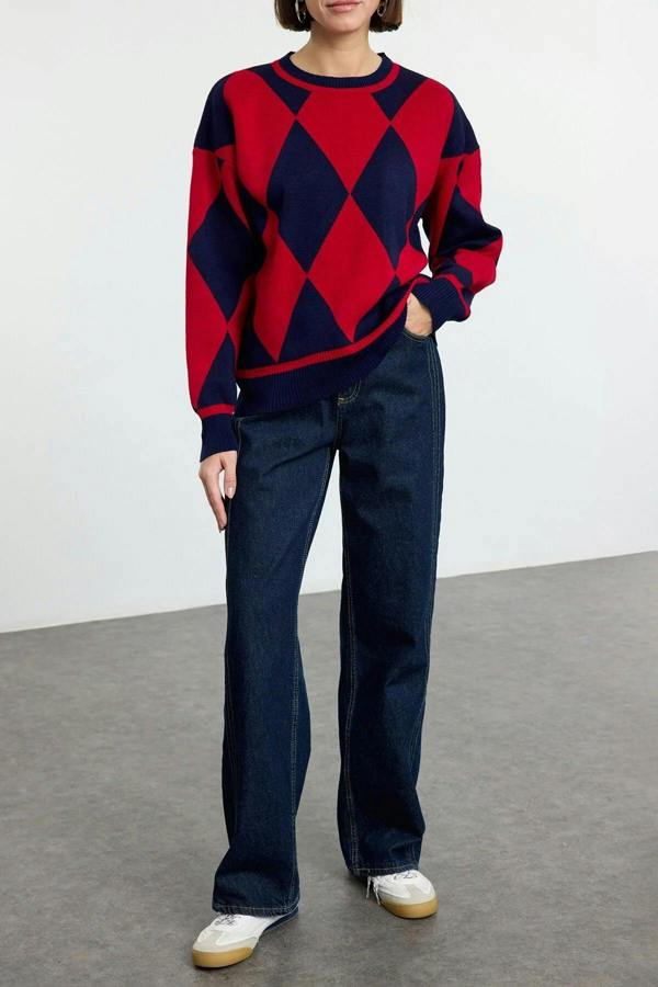 WOVCOR Patterned Crew Neck Knit Sweater