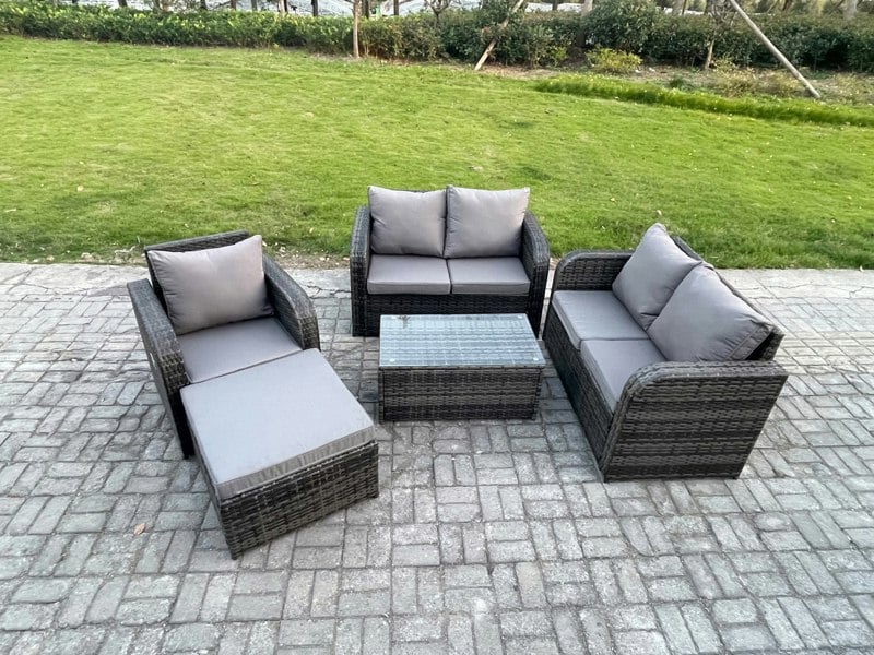 Fimous High Back Rattan Garden Lounge Set - Dark Grey Mixed Indoor/Outdoor Patio Sofa with Loveseat, Rectangular Coffee Table & Big Footstool