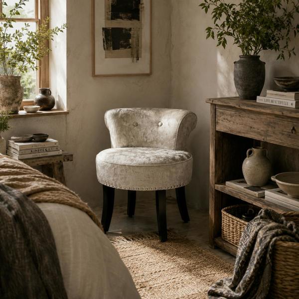 Wyld Haus Salami Beige Velvet Dressing Table Stool With Rubber Wood Legs