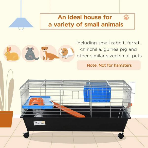 Black PawHut small animal cage with blue water bottle, orange ramp, and feed dish