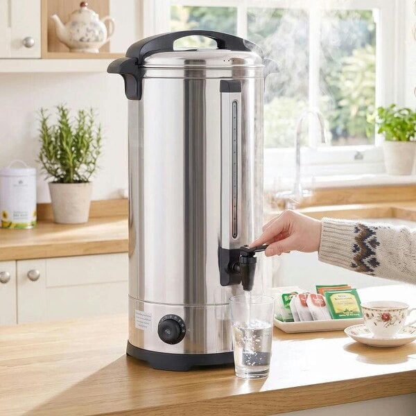 26L Catering Urn, 2500W Stainless Steel Hot Water Boiler Dispenser with Thermostat, Keep Warm Function and Easy Pour Tap - Silver Tone
